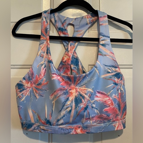Brisas Womens Sports Bra Sz Large Tropical Palm Tree Blue Pink White Cross Back - Picture 1 of 4